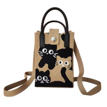 Imagem de Bolsa feminina de malha transversal para telefone casual moda pequena bolsa de ombro, tecido de malha leve para passeios diários, Marrom escuro