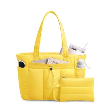 Imagem de TOPDesign Bolsa feminina com porta-copos, compartimento para laptop, bolsa de cosméticos e bolsa de carrinho para trabalho, viagens, Amarelo, Medium, Casual