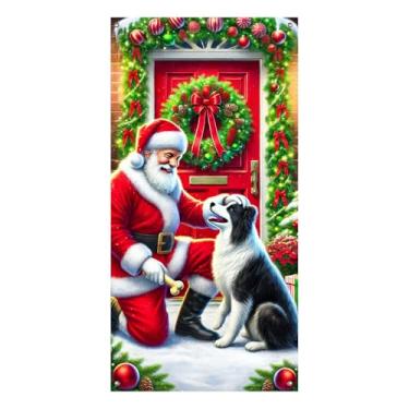 Imagem de BlissYard Capa de porta de Natal, guirlanda de Papai Noel, 188 x 89 cm para porta da frente, faixa de varanda de Feliz Natal, decoração de entrada sazonal, decoração de portas de pátio, placa de