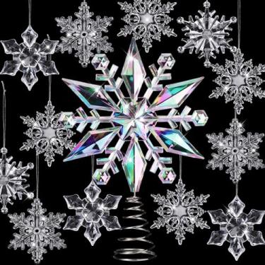 Imagem de Gejoy 37 peças de enfeites de árvore de Natal de cristal iridescente, enfeite de árvore de floco de neve de acrílico transparente, enfeites de floco de neve para pendurar para decoração de festa de