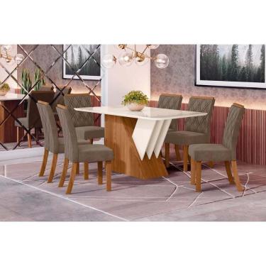 Imagem de Conjunto Mesa De Cozinha Epic Tampo Madeirado Com Vidro 160x90cm E 6 Cadeiras Vita Nature Suede Light Bege Henn