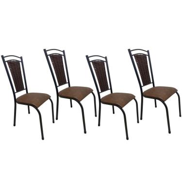Imagem de Kit 4 Cadeira Paris De Cozinha Tubular Preto Aço Estofada Encosto Junco Marrom