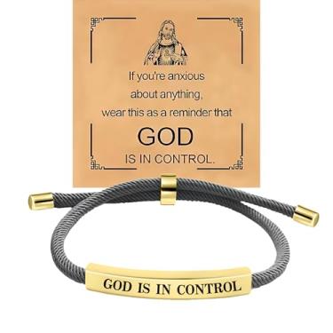 Imagem de BlingNook Pulseira feminina God Is In Control, corda grossa, ouro, prata, tubo, inspirar fé cristã, letra feita à mão, bíblia, trançada, ajustável, de aço inoxidável, joia de presente, One Size, Aço