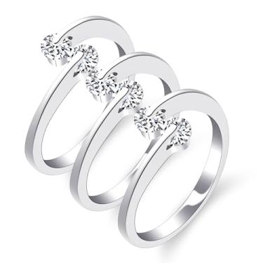 Imagem de Oneress 3 peças de anéis empilháveis ajustáveis - zircônia cúbica banhada a platina minimalista, joias de presente para festas de casamento para mulheres YA081-3PS, Layered Zircon Rings, Latão, Sem