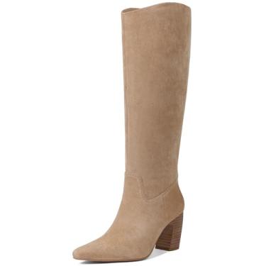 Imagem de Oiamenne Botas de cano alto femininas de bico quadrado macio salto grosso, botas longas confortáveis de panturrilha larga com zíper lateral, Camurça marrom claro, 37