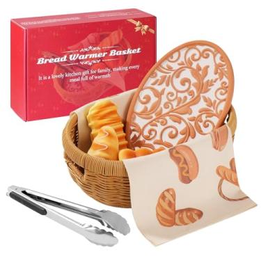 Imagem de Cesta para aquecer pão com pedra: tigela de terracota mantém o pão quente e úmido, inclui forro de linho e clipes, presente ideal para padeiros de massa fermentada, inauguração de casa e casamentos