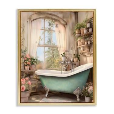 Imagem de Stupell Industries Banheiro com prateleiras cheias de flores arte de parede em tela flutuante emoldurada cinza, design por Lettered and Fored, 78 x 63 cm