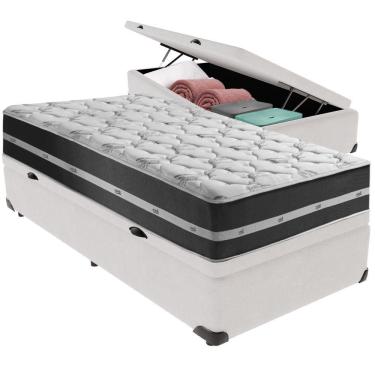 Imagem de Cama Box Baú Branco E Colchão Classic Preto Molas Ensacadas Solteiro Anjos