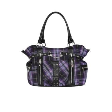 Imagem de Lost Queen Bolsa tiracolo feminina Rise Up Handcuff Goth Punk Rock preta e roxa xadrez Tartan, Multicor, One Size