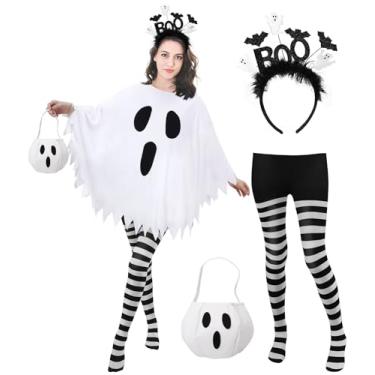 Imagem de Snwquik 4 peças de fantasia de fantasma adulto com acessórios, fantasia de fantasma feminina poncho/bolsa/faixa de cabeça/meia-calça cosplay de Halloween