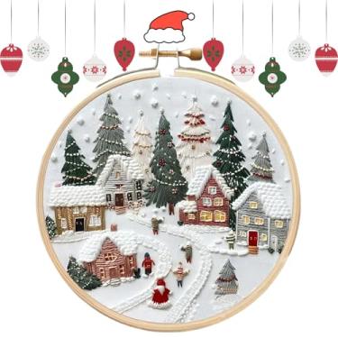 Imagem de Kalaxy47 Kit de bordado de Natal para iniciantes com Snow Valley, conjunto completo para iniciantes inclui tecido estampado, argola e fios para adultos, decoração de casa ideal e presente de Natal