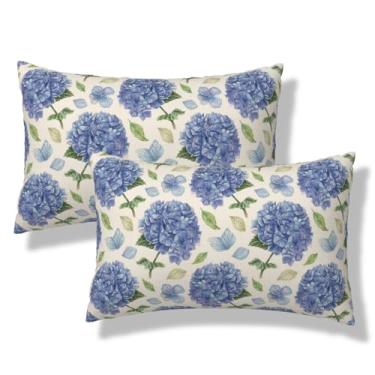 Imagem de VIREOTHIA Conjunto de 2 capas de almofada floral azul hortênsia lombar 30 x 50 conjunto de 2 capas de almofada decorativas flores rústicas retangulares capas de almofada para sofá-cama decoração de