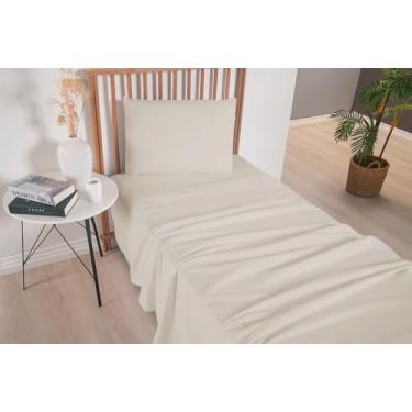 Imagem de Jogo de Lençol Solteiro Micropercal 300 Fios, 3 Peças, 100% Poliéster, com Ponto Palito, Lençol Superior, Lençol com Elástico e Fronha (Cáqui)