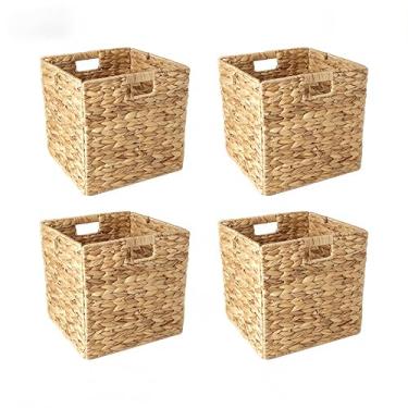 Imagem de Cubos de armazenamento de 30,5 x 30,5 cm, 4 cestos, cestas de armazenamento de jacinto de água dobráveis com alça, cesta de armazenamento de vime para prateleira de cubos, despensa, sala de estar