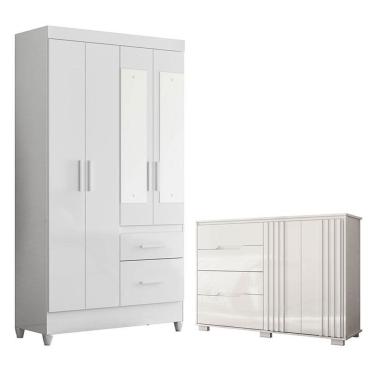 Imagem de Guarda Roupa Solteiro Madri Com Espelho E Cômoda Texas Branco Brilho - Moval
