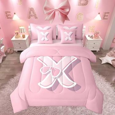 Imagem de jejeloiu Conjunto de cama com laço rosa, tamanho solteiro, presentes personalizados para meninas adolescentes, letra inicial, conjunto de 7 peças, monograma, ultramacia, em uma bolsa com edredom,