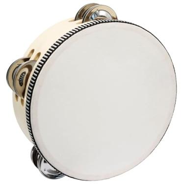 Imagem de Moicstiy Pandeiro redondo de madeira de 15 cm, pandeiro de fileira dupla com jingles de metal, instrumento musical de percussão portátil para KTV, festa, brinquedo educativo da igreja (1 peça)