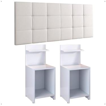 Imagem de Kit 2 Mesas Cabeceira Fantasy Branco Prateleira Organizadora Painel Suspenso Bia Estofado Cama Box Casal 1,40 Corino - Lojas RPM