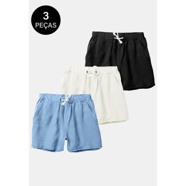 Imagem de Kit 3 Shorts Linho Bermudas Masculino Praia Premium Preto, Azul e Off-White-Masculino