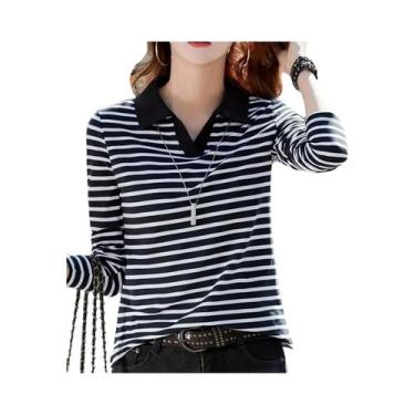 Imagem de Camisa Polo Feminina Listrada, BR-P, Preto