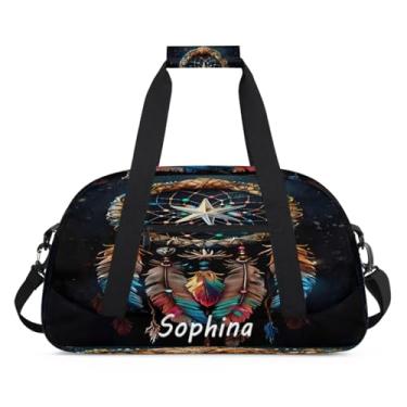 Imagem de Bolsa esportiva personalizada, apanhadora de sonhos, étnica, colorida, com nome, bolsa de dormir personalizada, bolsa de fim de semana, bolsa de treino para dança, balé, academia, ginástica, mala