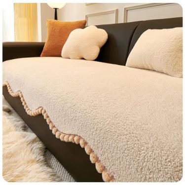 Imagem de HGTRH Capa de veludo para sofá de 3 lugares conversível em forma de L, capas de sofá laváveis, capa de sofá de 3 lugares, lavável, 2, 3, 4, capa de sofá, 2 almofadas, borda bege 110 x 110