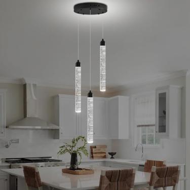 Imagem de Lustre pendente de cristal para ilha de cozinha, estilo moderno, preto, espiral, com LEDs reguláveis, em formato de gota, para hall de entrada, sala de jantar, com 3 lâmpadas e controle remo