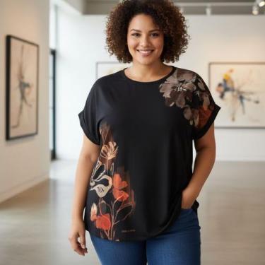 Imagem de Blusa Feminina Plus Size de Viscose Estampada com Gola Redonda e Manga