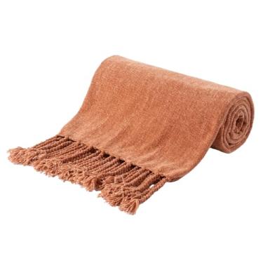 Imagem de BATTILO HOME Manta de caramelo de outono para sofá, cama, sofá - manta de chenille laranja enferrujada macia e aconchegante com borlas de franja, manta de malha leve de outono para decoração de outono