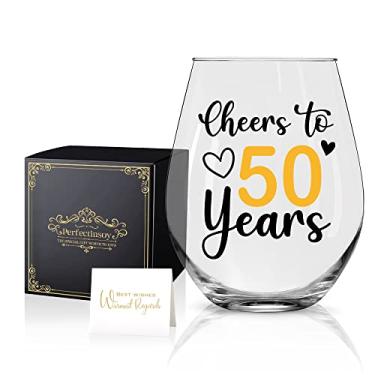 Imagem de Perfectinsoy Taça de vinho Cheers to 50 Years com caixa de presente, presentes engraçados de aniversário de 50 anos para mulheres irmã melhor amiga colega, presentes de 50º aniversário para mulheres