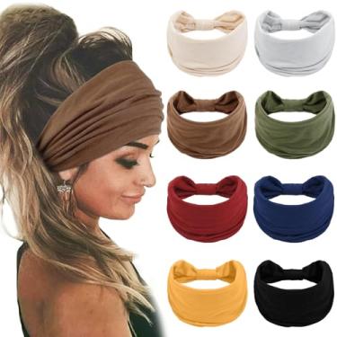 Imagem de AKTVSHOW Faixas de cabelo largas para mulheres, com nó elástico, antiderrapante, faixas de cabelo grossas, esportivas, elásticas, grandes e macias, para treino, turbante, bandana, bandana, 8 unidades