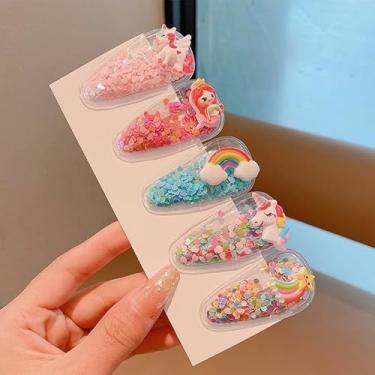 Imagem de 5 peças de grampos de cabelo com glitter para meninas, grampos de cabelo transparentes com flores de frutas e animais, acessórios de cabelo para o dia das crianças e festas