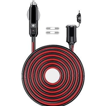 Imagem de Cabo de extensão resistente para isqueiro de 12V/24V 16AWG, plugue macho de 156W/20A, cabo de extensão adaptador de tomada fêmea com luzes LED (fusível 20A integrado e 2 fusíveis sobressalentes de 20A