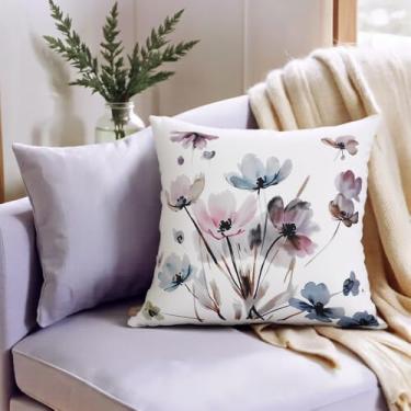 Imagem de kittmin Capa de almofada decorativa floral aquarela, flores rosa e azul, fundo branco (aquarela floral, 45,72 cm x 45,72 cm)