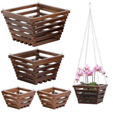 Imagem de SiliFine 5 cestas de orquídea de madeira com cabides de pinho rústico para vanda quadrada feita à mão para ambientes internos e externos, jardim, orquídeas, samambaias, plantas e flores (15 cm, 20 cm
