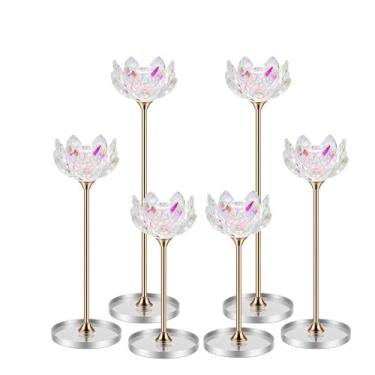 Imagem de 6 peças de castiçais de cristal, castiçais de flor de lótus com base espelhada, suporte de metal, centros de mesa elegantes para decoração de casa, casamento, festa (vela cônica)