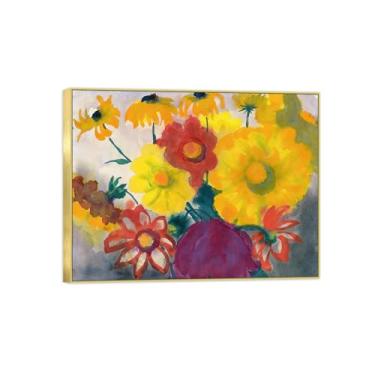 Imagem de Pintura de arte de parede de flores - imagem de decoração vintage - vermelho azul flores amarelas 3-impressões em tela moldura dourada para sala de estar 50 x 65 cm 20 x 26 pol