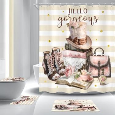 Imagem de Cinbloo Conjunto de 4 peças de cortina de chuveiro rosa, marrom, vintage, renda, flor, bege, branco, listrado, botas, copos, cortina de banheiro com tapete, capa de tampa de vaso sanitário, tapete de