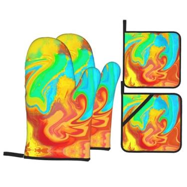 Imagem de Pintura líquida - Conjunto de luvas de cozinha estampadas com suportes de tampa, luvas de forno resistentes ao calor para manusear panelas quentes, grelhar, churrascos, kit de 4 peças.