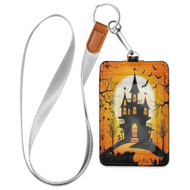 Imagem de Wassud Porta-crachá de couro PU Haunted Castle com cordão, porta-cartão de identificação para trabalho, cordão de pescoço com compartimentos para cartões de crédito, funcionários, estudantes, 39,9 cm