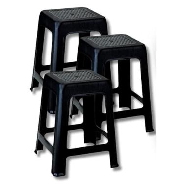 Imagem de Kit 3 Banqueta Preta De Plástico Resistente Reforçada Adulto Suporta Até 120kg Para Bar, Cozinha, Área de Serviço, Varanda e Churrasqueira(Banqueta Plastica Preta,03 Unidades)