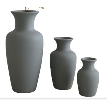 Imagem de Conjunto 3 Peças Kit Enfeite Cerâmica Vasos Sala Completo Decorativas Trio Rack Centro Mesa Colorido(CINZA LISO JAD)