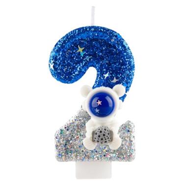 Imagem de Vela de aniversário com glitter astronauta espacial número 2 velas azul prata topo de bolo decorações de feliz aniversário para meninas meninos artigos de festa de aniversário