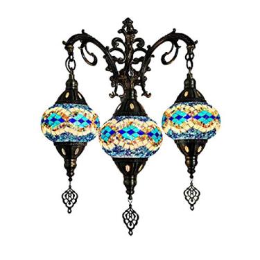 Imagem de Luminária de parede marroquina de 3 braços, aplique de parede turco em mosaico, luminária de cabeceira tradicional feita à mão para sala de estar, quarto, corredor, varanda, café ou bar.