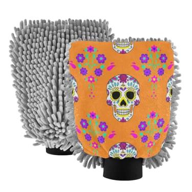 Imagem de STAYTOP Luvas coloridas de caveira de açúcar para lavagem de carro, 2 peças, luvas de microfibra de chenille, sem arranhões, panos de esponja de lavagem ultra absorventes para carros, limpeza