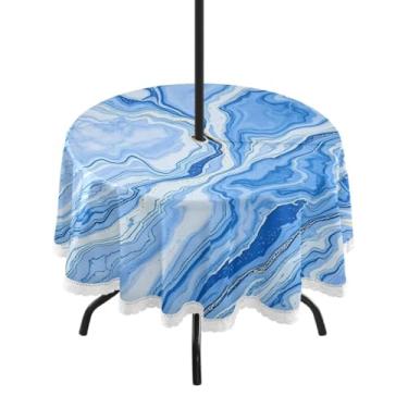 Imagem de CEBUGI Toalha de mesa redonda para uso ao ar livre, textura de mármore azul, à prova d'água, com furo Umberlla, capa de mesa lavável para pátio, cozinha, sala de jantar, 152 cm