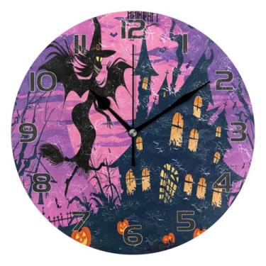 Imagem de YETTASBIN Relógio de parede de castelo de Halloween, silencioso, sem tique-taque, operado por bateria, relógio redondo decorativo criativo para cozinha, sala de estar, banheiro, decoração de