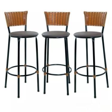Imagem de KIT 3 BANQUETAS BANCO ALTO DE COZINHA AREA GOURMET MOVEIS DE JUNCO | Design Rústico e Confortável(3.bq.alta.imbuia/preto)