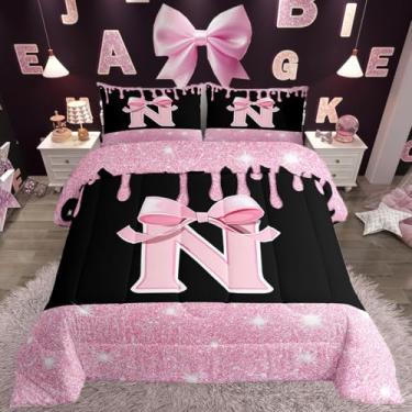 Imagem de Feelyou Conjunto de edredom com laço rosa, tamanho Queen, iniciais, decoração para mulheres, adolescentes, edredom com letra N, monograma, glitter, diamante, microfibra, 3 peças com 2 fronhas