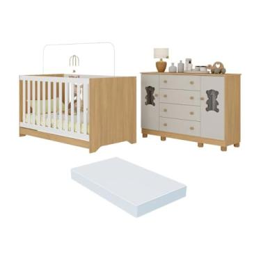 Imagem de Berço Americano 3 em 1 com Colchão Incluso e Cômoda 2 Portas 4 Gavetas Fofura Multimóveis Mp4736 Madeirado/off White